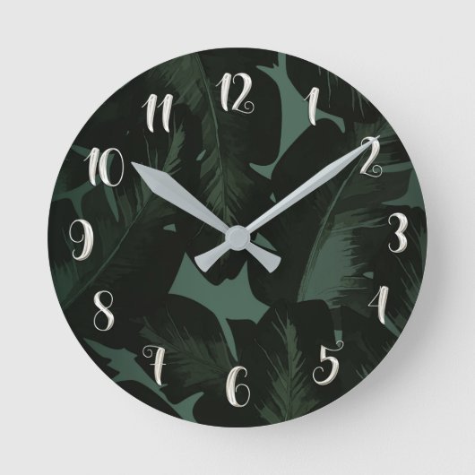 Green & Black Tropical Leaves Botanical Chic Ronde Klok (Voorkant)