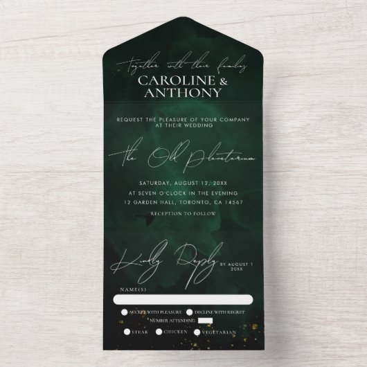 Green Black Waterverf Magic Gold Wedding All In One Uitnodiging (Binnen)