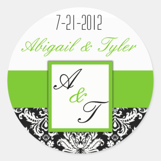 Green Black Wedding Monogram Damask Sticker (Voorkant)