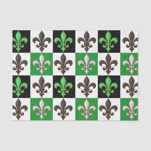 Green Black White Checkered Fleur-de-lis Design  Tissuepapier (Voorkant)
