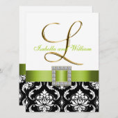 Green Black White Damask Initiaal L Wedding Invite Kaart (Voorkant / Achterkant)