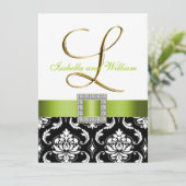 Green Black White Damask Initiaal L Wedding Invite Kaart (Staand voorkant)