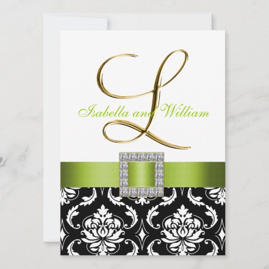 Green Black White Damask Initiaal L Wedding Invite Kaart (Voorkant)