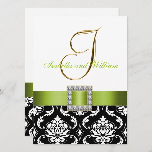 Green Black White Damask Initiaal Wedding Invite Kaart (Voorkant / Achterkant)