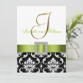 Green Black White Damask Initiaal Wedding Invite Kaart (Staand voorkant)