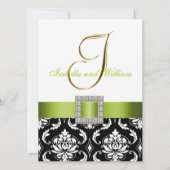 Green Black White Damask Initiaal Wedding Invite Kaart (Voorkant)
