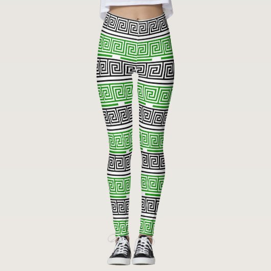 Green Black White Greek Key Fret Pattern Design  Leggings (Voorkant)