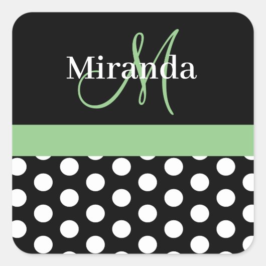 Green Black White Polka Dot Monogram Vierkante Sticker (Voorkant)