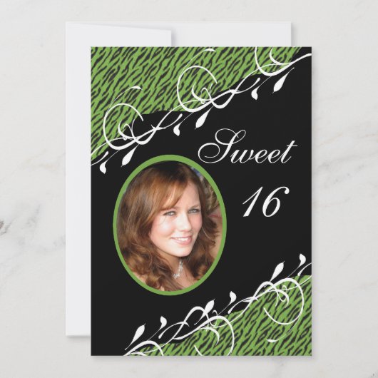 Green & Black Zebra Print Sweet 16 Uitnodiging (Voorkant)