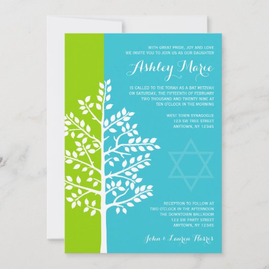 Green Blauwgroen Blue Tree of Life Bat Mitzvah Kaart (Voorkant)