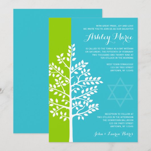 Green Blauwgroen Blue Tree of Life Bat Mitzvah Kaart (Voorkant / Achterkant)