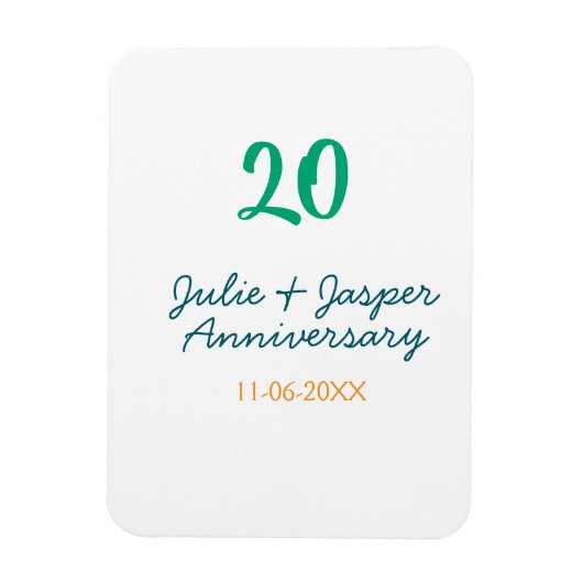 Green blue 20th anniversary name date orange magneet (Verticaal)