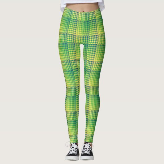 Green Blue Checker Abstract Pattern Leggings (Voorkant)