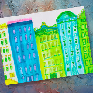 Green Blue Cityscape Apartements New York Street Briefkaart