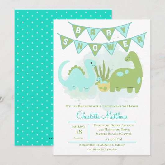 Green Blue Cute Dinosaur Mam en Baby shower Kaart (Voorkant / Achterkant)