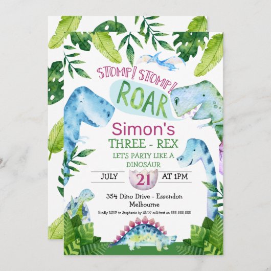 Green Blue Dinosaur T Rex Birthday Uitnodiging (Voorkant / Achterkant)