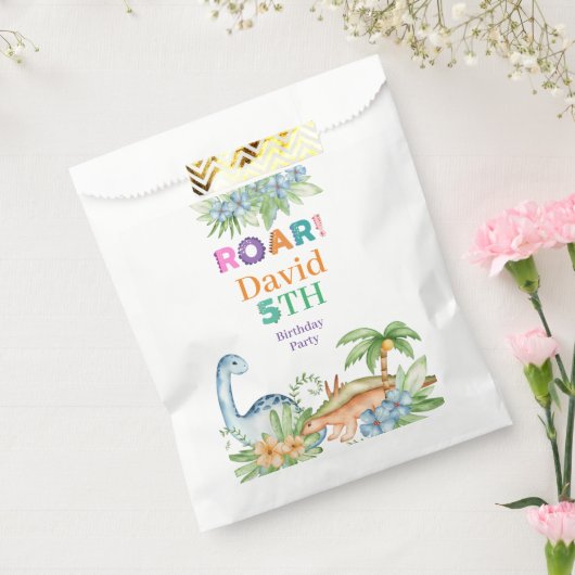 Green Blue Floral Dinosaur Birthday Bedankzakje (Gezegeld)