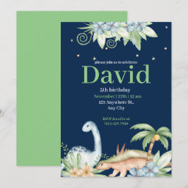Green Blue Floral Dinosaur Birthday Uitnodiging