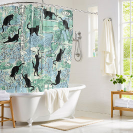 Green Blue French Cat Paris Cafe Shower Curtain Douchegordijn