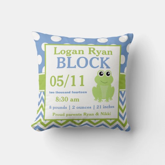 Green Blue Frog Baby Announcement Pillow Kussen (Voorkant)