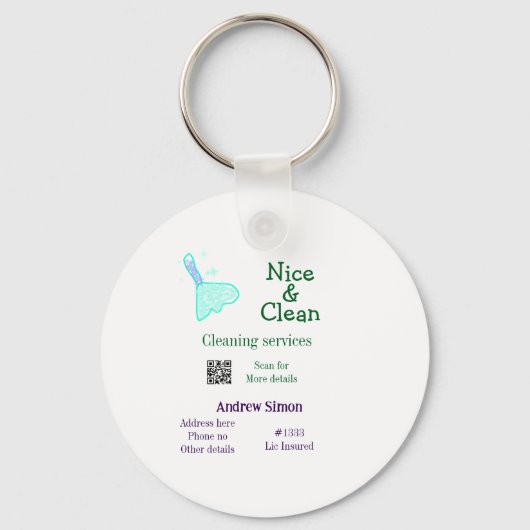 Green blue gitter clean mop add name address q r b sleutelhanger (Voorkant)