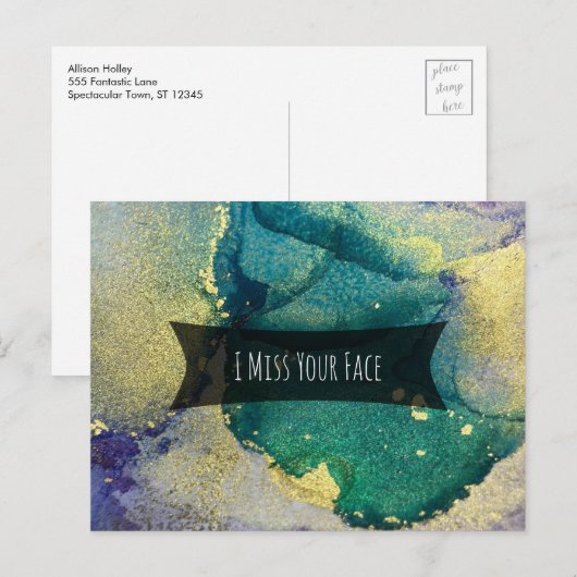 Green Blue & Gold Alcohol Ink I Miss Your Face Briefkaart (Voorkant / Achterkant)