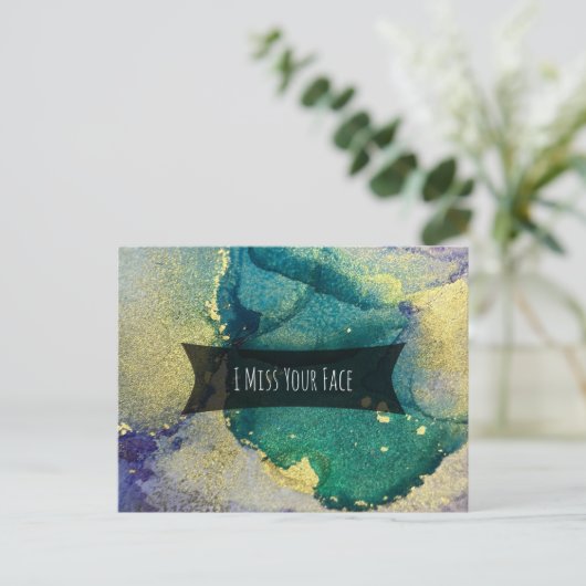 Green Blue & Gold Alcohol Ink I Miss Your Face Briefkaart (Staand voorkant)