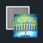 Green Blue Hanukkah Menorah Peace Sparkle Shine Magneet<br><div class="desc">"Vrede, glans, glans." Een close-upfoto van een heldere, kleurrijke, blauwe en groene artsy menorah helpt je om in stijl te genieten van de feestdag van Hanukkah. Voel de warmte en de vreugde van het vakantieseizoen als je deze heldere, kleurrijke Hanukkah-magneet gebruikt. Matchingkaarten, briefing, stickers, kussens, huishoudelijke artikelen, tassen en andere...</div>