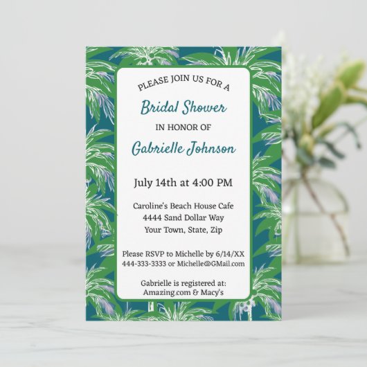 Green Blue Palm Tree Modern Wedding Shower Party Kaart (Staand voorkant)