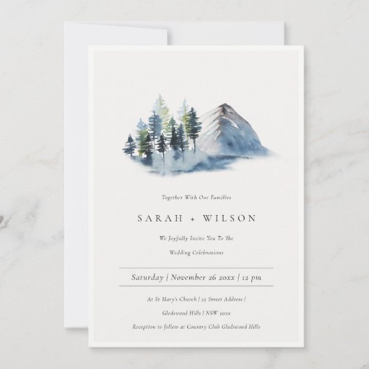 Green Blue Pine Bossen Mountain Wedding Invite Bedankkaart (Voorkant)