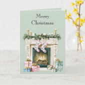 Green Blue Pink Christmas Fireplace Stockings Kaart (Gele Bloem)