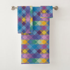 green, blue, pink, yellow and purple geometric bad handdoek