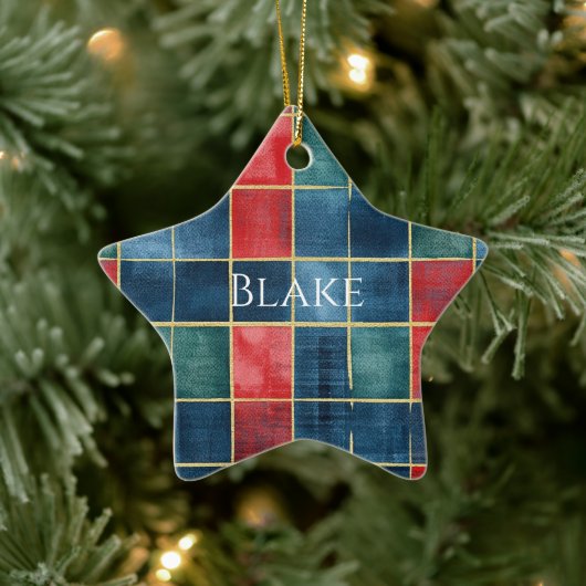 Green Blue Red Gold Plaid Stripes Christmas Keramisch Ornament (Boom)
