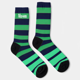 Green Blue Stripe Crew Socks for Men or Women Sokken
