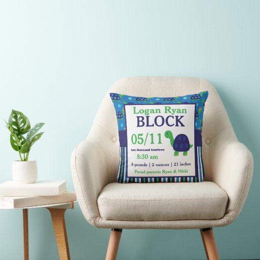 Green Blue Turtel Baby Announcement Pillow Kussen (Stoel)