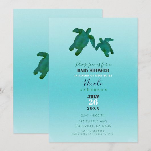 Green Blue Waterverf Ocean Turtles BABY SHOWER Kaart (Voorkant / Achterkant)