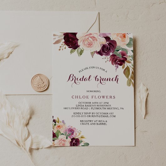 Green Blush Burgundy Floral Bridal Brunch Kaart