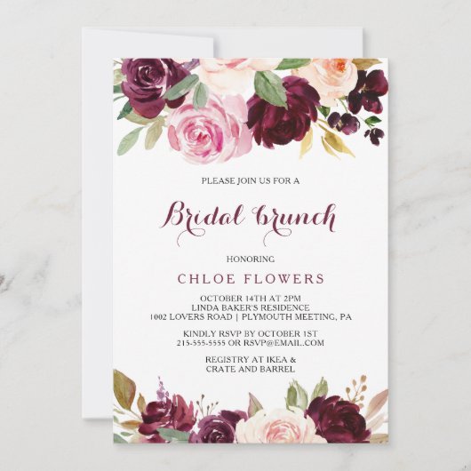 Green Blush Burgundy Floral Bridal Brunch Kaart (Voorkant)