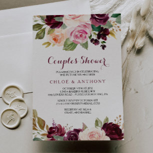 Green Blush Burgundy Floral Couples Shower Kaart