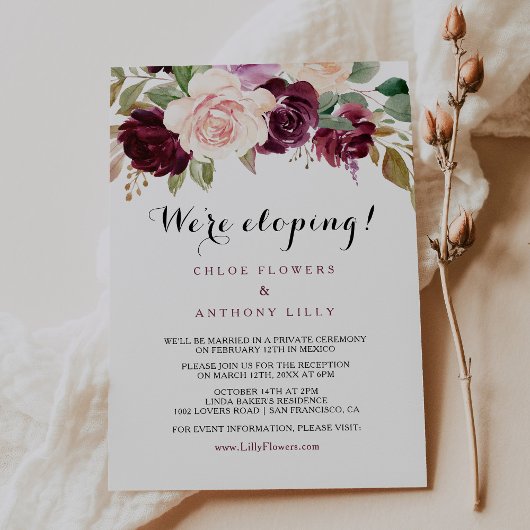 Green Blush Burgundy Floral Elopement Reception Kaart