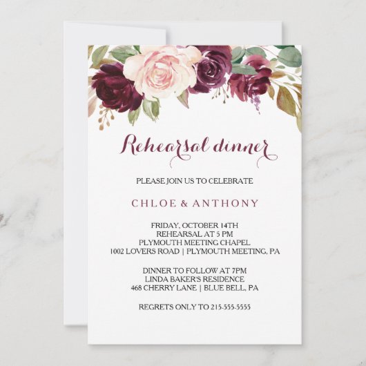 Green Blush Burgundy Floral Rehearsal Dinner Kaart (Voorkant)