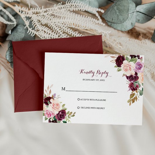Green Blush Burgundy Floral Rsvp Card