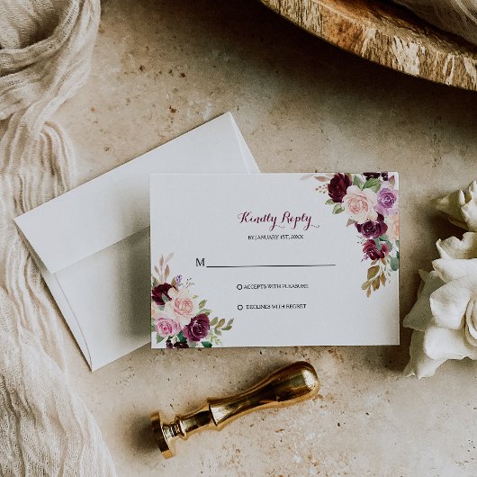Green Blush Burgundy Floral Rsvp Card