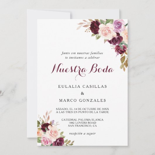 Green Blush Burgundy Floral Spain Wedding Kaart (Voorkant)
