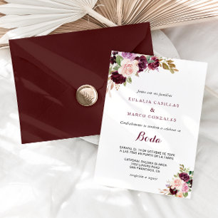 Green Blush Burgundy Floral Spain Wedding Kaart