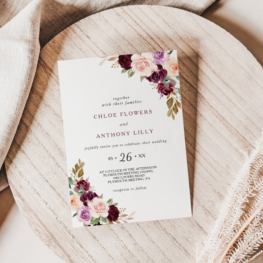 Green Blush Burgundy Floral Wedding Kaart