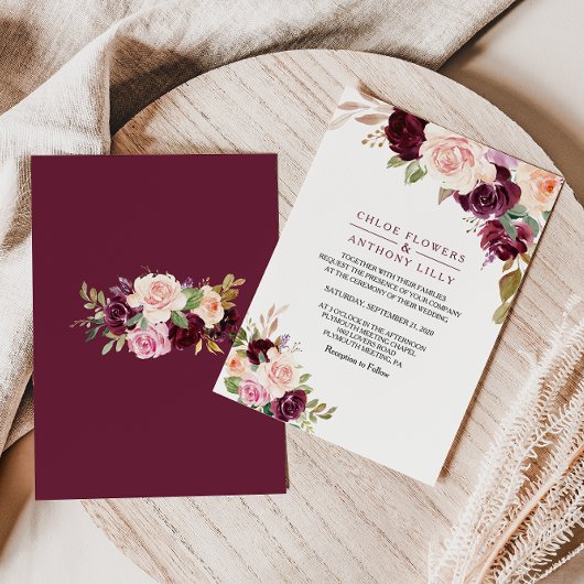 Green Blush Burgundy Floral Wedding Kaart