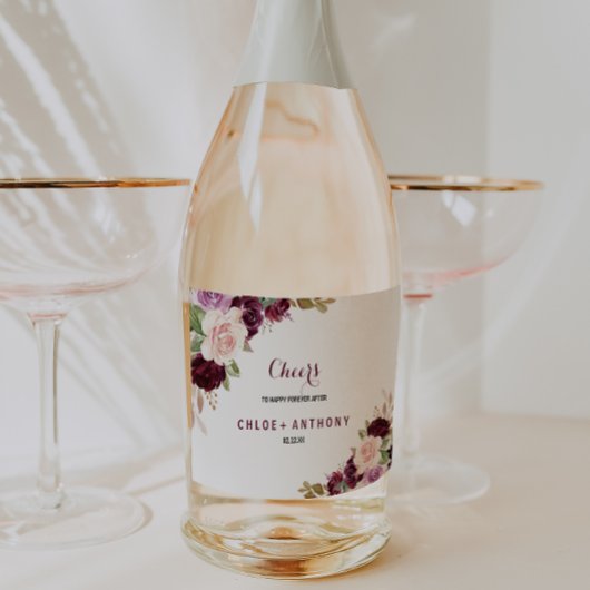 Green Blush Burgundy Floral Wedding Sparkling Wijnetiket