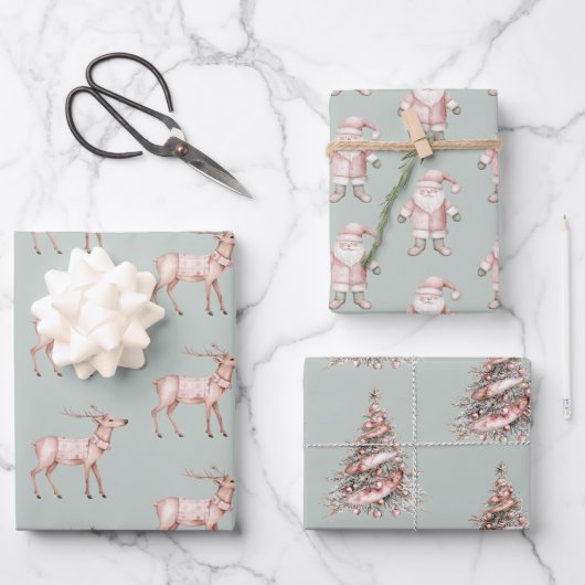 Green Blush Pink Deer Kerstbomen Santa Inpakpapier Vel (Voorkant)