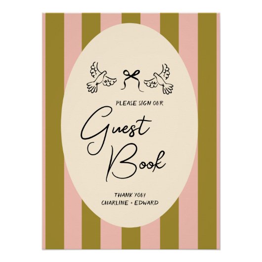 Green Blush Pink Striped Wedding Guestbook Sign Perfect Poster (Voorkant)